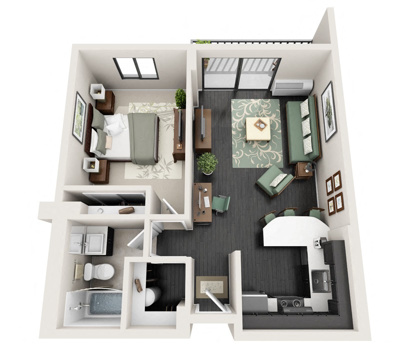 Floor plan for 1 bed, 1 bath, 620 sqft